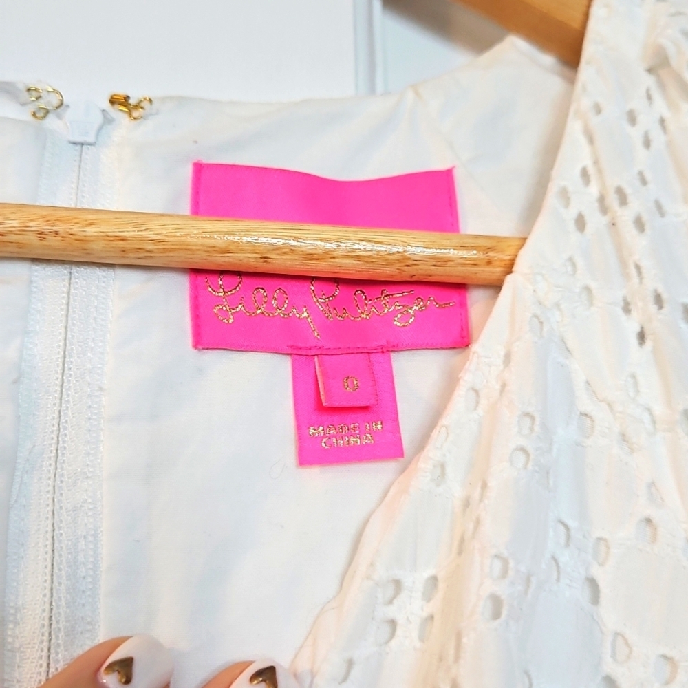 LILLY PULITZER Jazlyn Puff Sleeve Eyelet Jacquard Dress in Resort White XS 0 - Picture 7 of 9